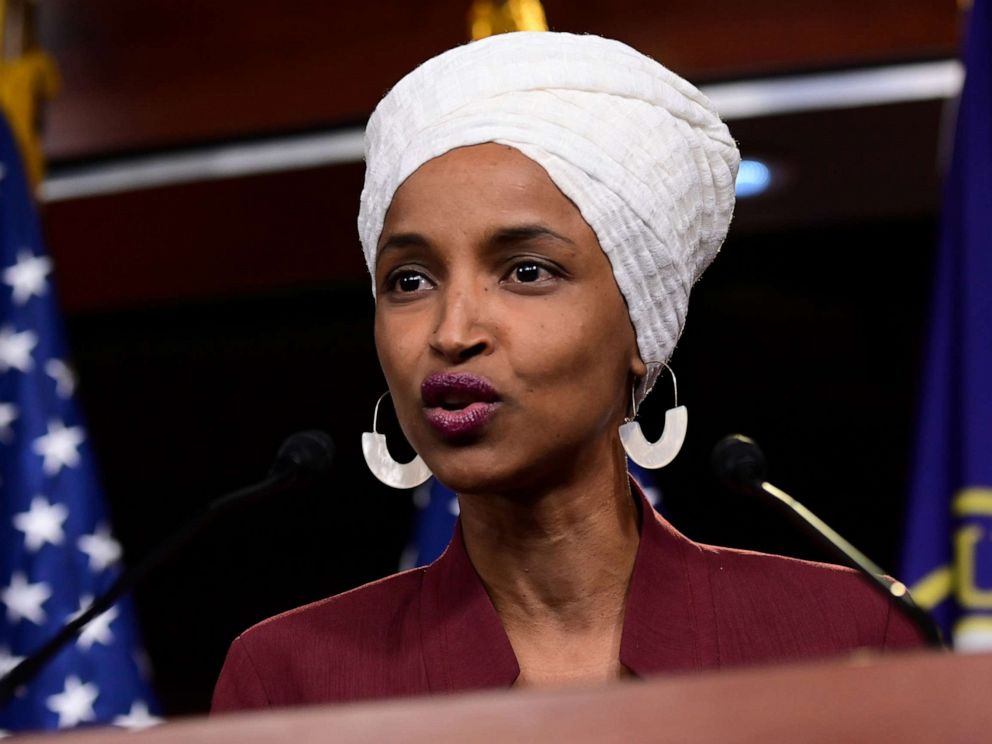 PHOTO: Rep Ilhan Omar speaks at a news conference after Democrats in the U.S. Congress moved to formally condemn President Donald Trumps attacks on the four minority congresswomen on Capitol Hill in Washington, July 15, 2019.