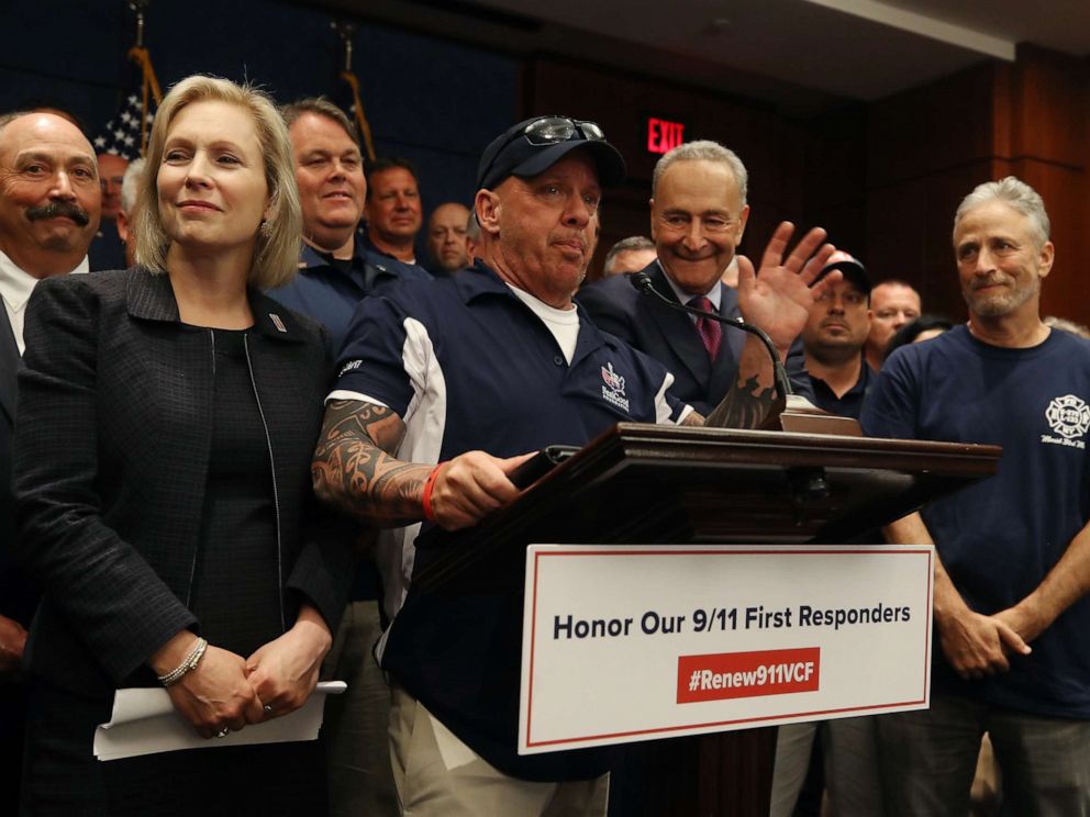 PHOTO: 9/11 first resonder and FealGood Foundation co-founder John Feal speaks after the U.S. Senate voted to renew permanent authorization of September 11th Victim Compensation Fund, on Capitol Hill July 23, 2019 in Washington.