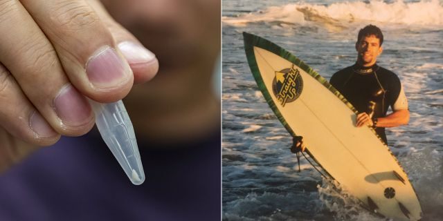 The fragment of the tooth that popped out of Weakley's foot is pictured left, alongside a photo of him from around the time the attack happened.