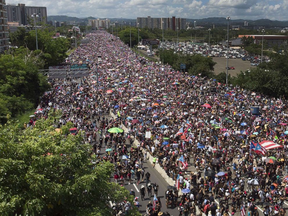 PHOTO: An aerial view from a drone shows thousands of people as they fill the Expreso Las Americas highway, July 22, 2019, in San Juan, Puerto Rico.