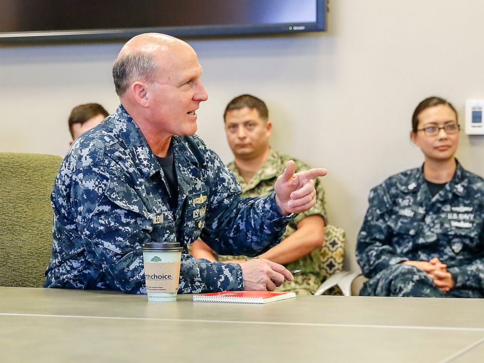 PHOTO: In this Mar. 13, 2017, file photo, Vice Adm. Mike Gilday, commander, U.S. Fleet Cyber Command/U.S. 10th Fleet speaks with Sailors assigned to Navy Information Operations Command (NIOC) Colorado/Task Force 1080.
