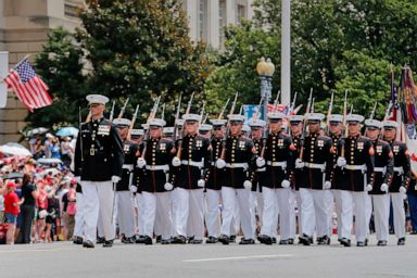 PHOTO: A Marine Corps unit participates in Americas Independence Day Parade along Constitution Avenue in Washington, D.C., July 4, 2019.