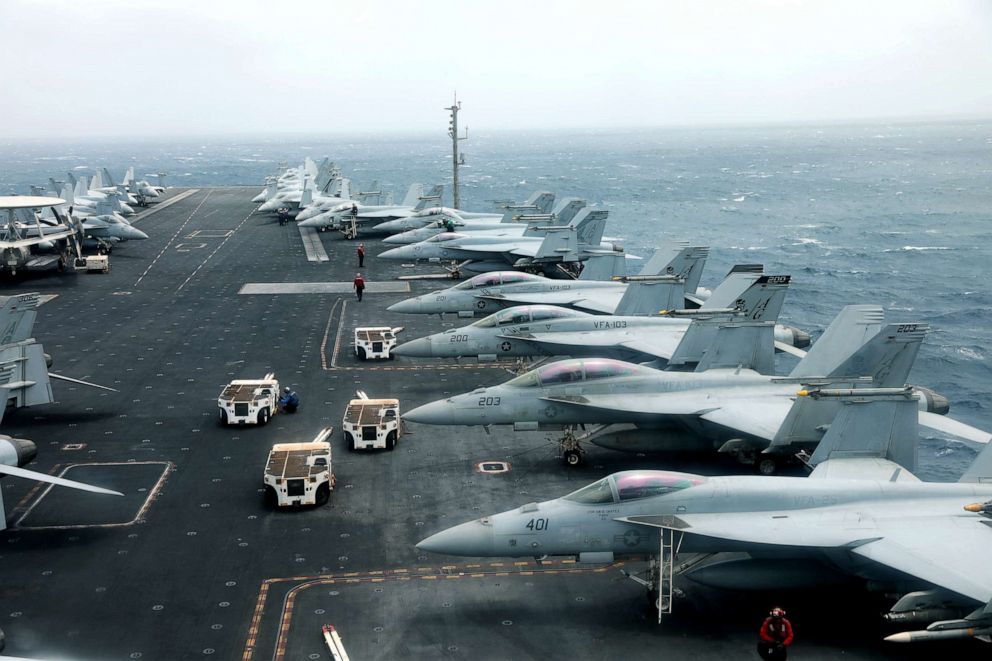PHOTO: F/A-18F aircrafts on the deck of USS Abraham Lincoln as it sails in the Gulf of Oman near the Strait of Hormuz, July 15, 2019.