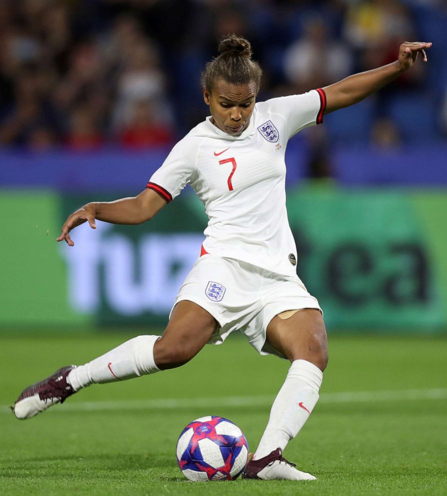 PHOTO: Englands Nikita Parris shoots a penalty kick during the Womens World Cup quarterfinal soccer match between Norway and England at the Oceane stadium in Le Havre, France, June 27, 2019.