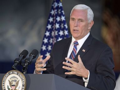 PHOTO: Vice President Mike Pence delivers remarks during the unveiling of a display featuring the spacesuit of Apollo 11 astronaut Neil Armstrong at the Smithsonian National Air and Space Museum July 16, 2019, in Washington, DC.