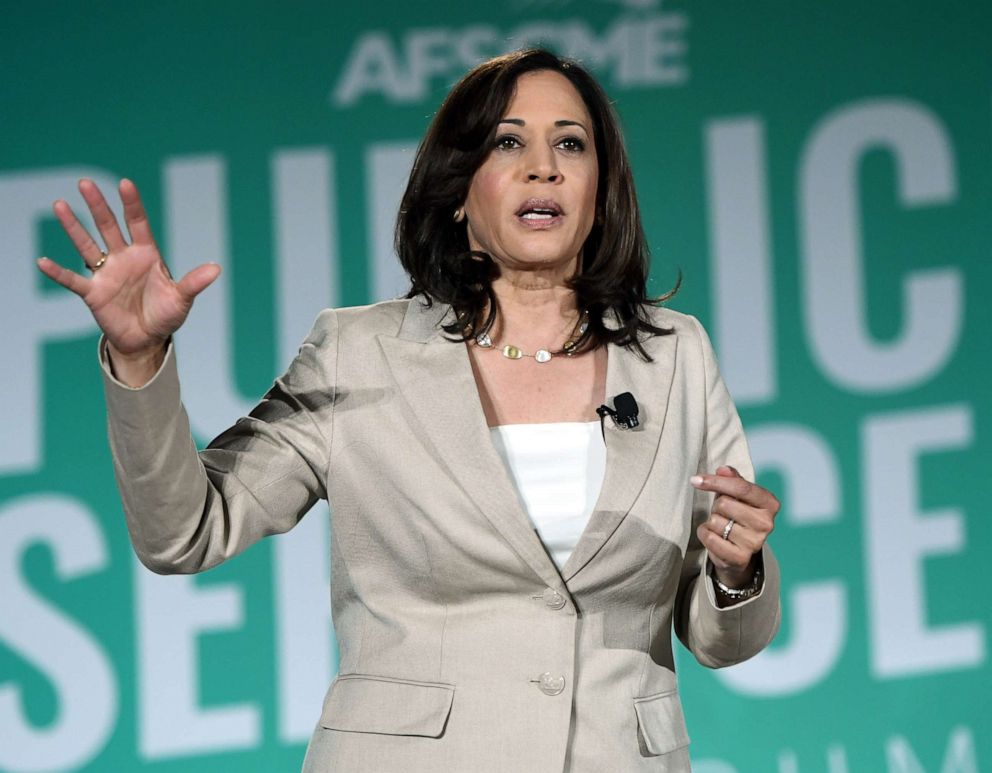 PHOTO: Democratic presidential candidate and U.S. Sen. Kamala Harris, D-Calif., speaks during the 2020 Public Service Forum hosted by the American Federation of State, County and Municipal Employees (AFSCME) on Saturday, Aug. 3, 2019 in Las Vegas. 
