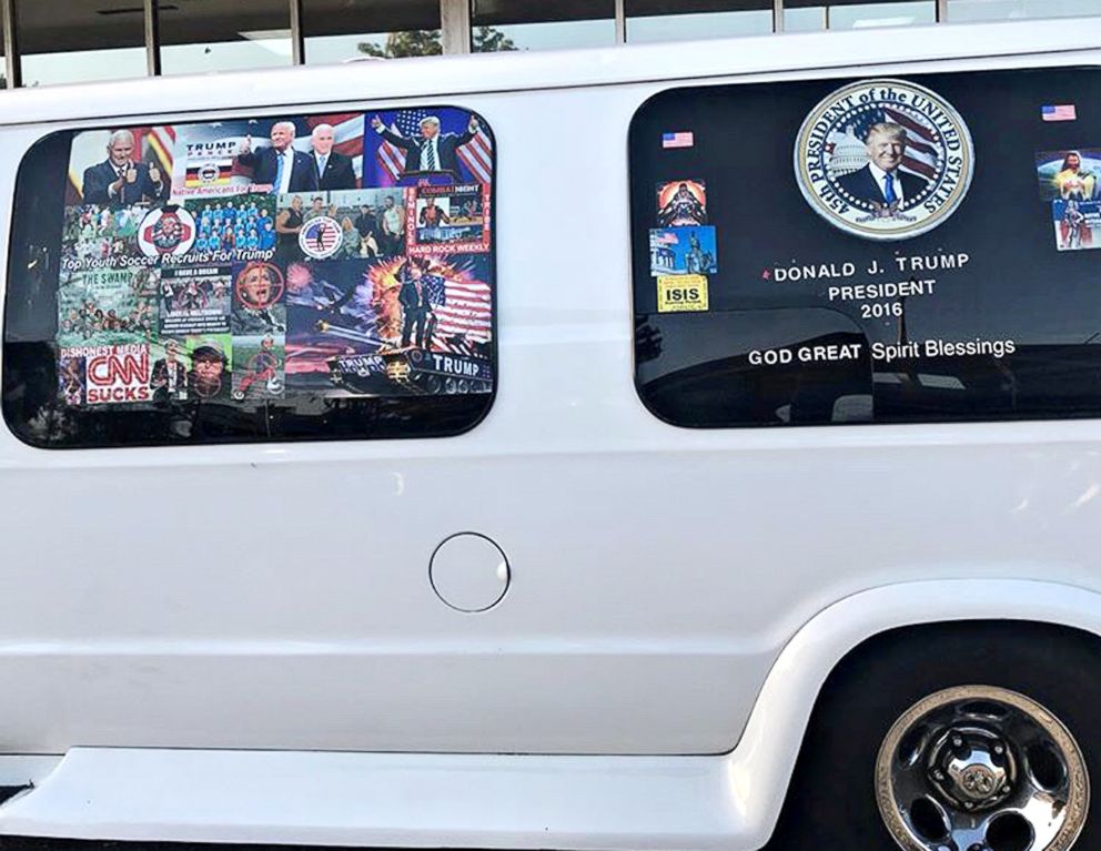 PHOTO: A van with windows covered in pro-Trump and anti-Democrat stickers, which was taken into custody on Oct. 26, 2018, during an investigation into a series of parcel bombs, is seen in Hollywood, Fla. on April 6, 2018.
