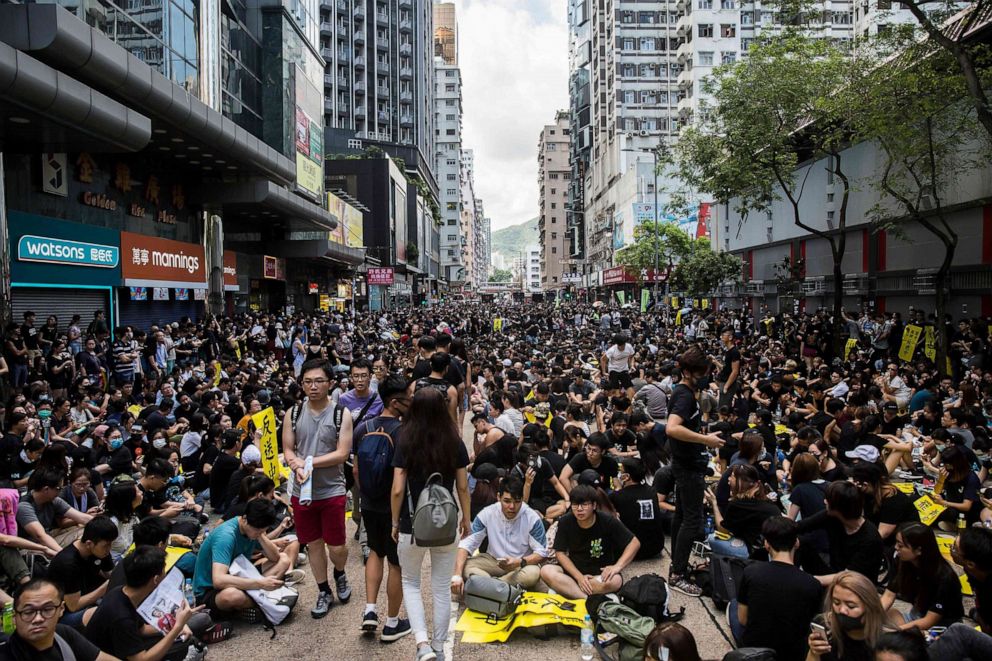 PHOTO: Protesters gather in Mong Kok during a general strike, Aug. 5, 2019, in Hong Kong as simultaneous rallies were held across seven districts.