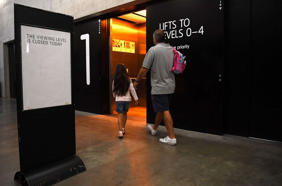 PHOTO: A sign displays a notice explaining the view gallery is closed at the Tate Modern art gallery in London, Aug. 5, 2019.