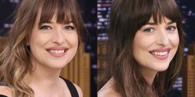 Dakota Johnson, left, with her gap in a 2018 "Tonight Show With Jimmy Fallon," and on the right, she is pictured without it in 2019 on the late-night show.