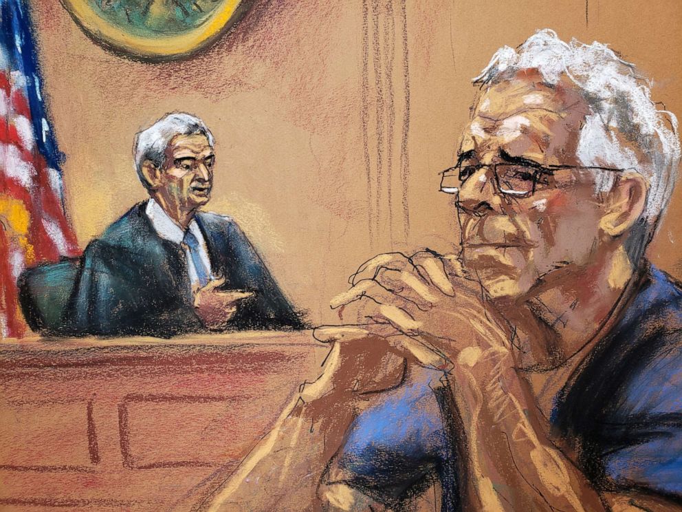 PHOTO: Financier Jeffrey Epstein looks on near Judge Richard Berman during a status hearing in his sex trafficking case, in this court sketch in New York, July 31, 2019