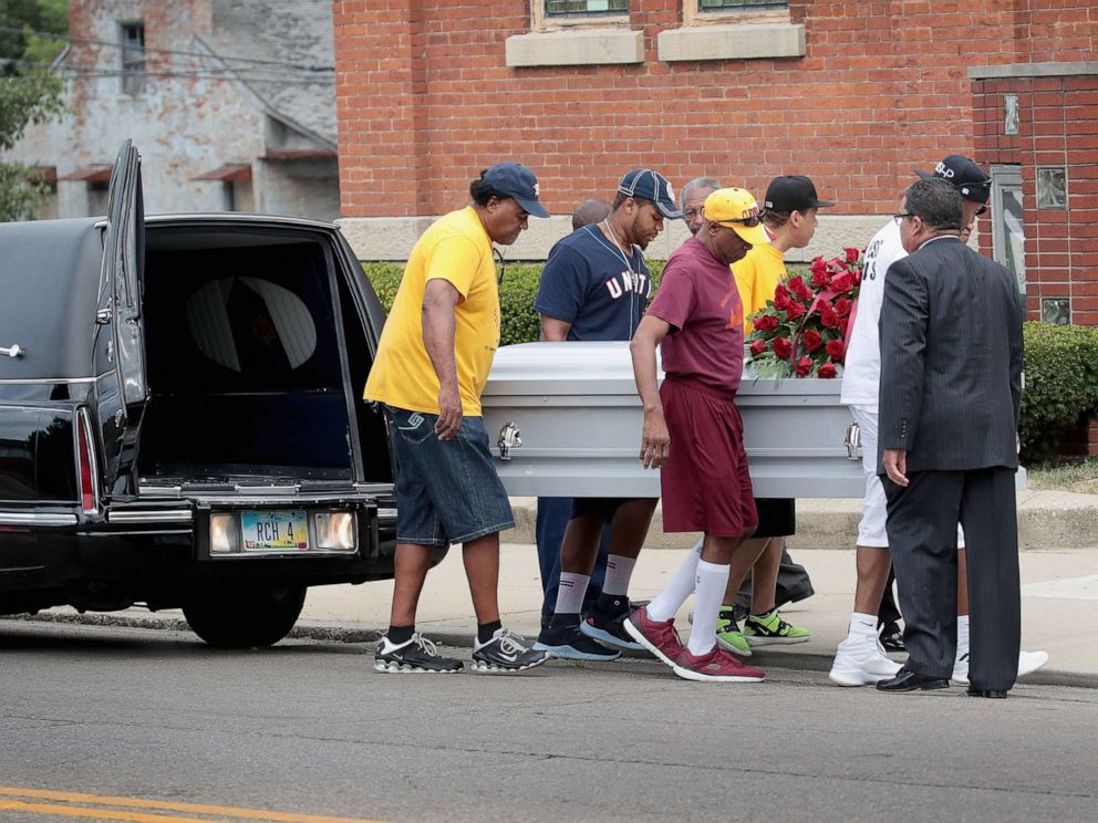 PHOTO: The remains of Derrick Fudge, 57, are carried into St. John Missionary Baptist Church for his visitation and funeral service on August 10, 2019 in Springfield, Ohio.