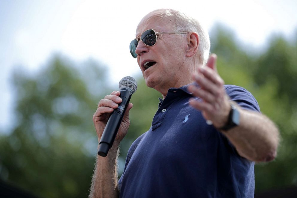 PHOTO: Democratic presidential candidate and former Vice President Joe Biden delivers a 20-minute campaign speech at the Des Moines Register Political Soapbox at the Iowa State Fair, Aug. 8, 2019, in Des Moines, Iowa.