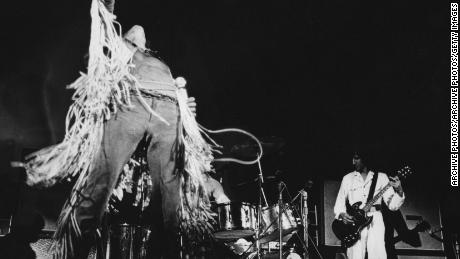 Singer Roger Daltrey and guitarist Pete Townshend of the Who on stage at Woodstock.