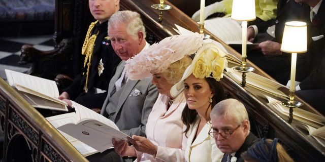 From left, Britain's Prince William, Prince Charles, Camilla Duchess of Cornwall, Kate Duchess of Cambridge, Prince Andrew and Princess Beatrice at the wedding ceremony of Prince Harry and Meghan Markle at St. George's Chapel in Windsor Castle in Windsor, near London, England, Saturday, May 19, 2018.
