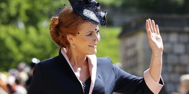 Sarah Ferguson arrives for the wedding ceremony of Prince Harry and Meghan Markle at St. George's Chapel in Windsor Castle in Windsor, near London, England, Saturday, May 19, 2018. 