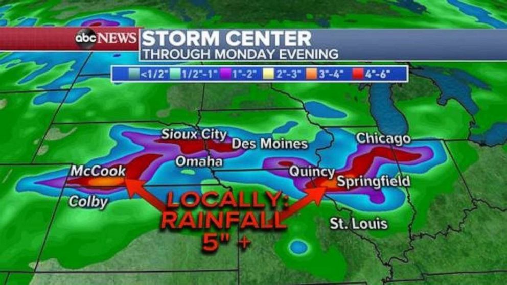 Heavy rainfall of up to 5 inches is expected in some areas across the Midwest.