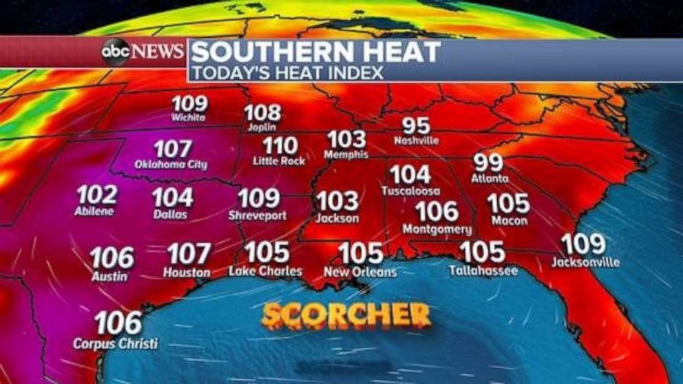 The heat index will be in the triple digits across much of the southern states.
