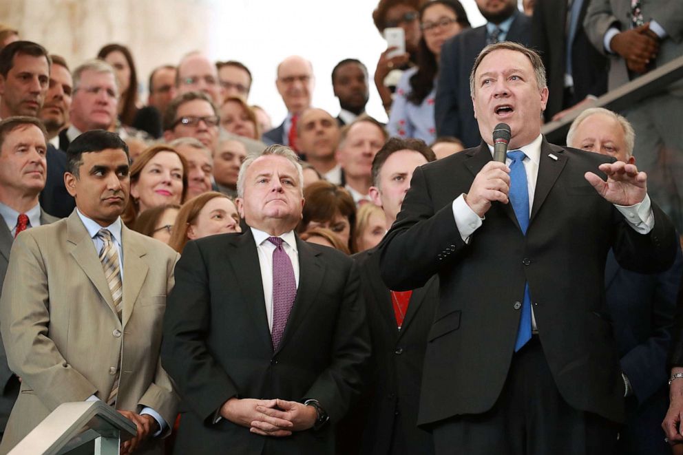 PHOTO: U.S. Secretary of State Mike Pompeo delivers remarks during a welcome ceremony in the lobby of the Harry S. Truman Building May 1, 2018 in Washington.