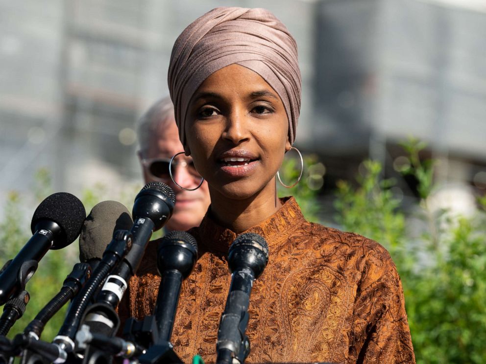 PHOTO: U.S. Representative Ilhan Omar speaks at a press conference during the introduction of the Zero Waste Act in Congress at the Capitol in Washington, DC.