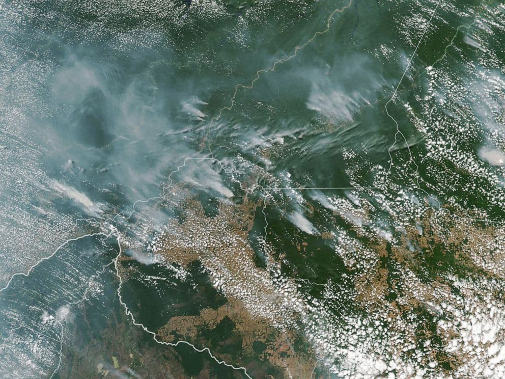 PHOTO: A handout photo made available by NASA of a satellite image showing several fires burning in the Brazilian states of Amazonas, Para, Mato Grosso and Rondonia, August 13, 2019.
