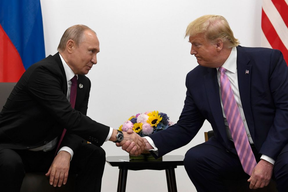 PHOTO: President Donald Trump, right, meets with Russian President Vladimir Putin during a bilateral meeting on the sidelines of the G-20 summit in Osaka, Japan, Friday, June 28, 2019.