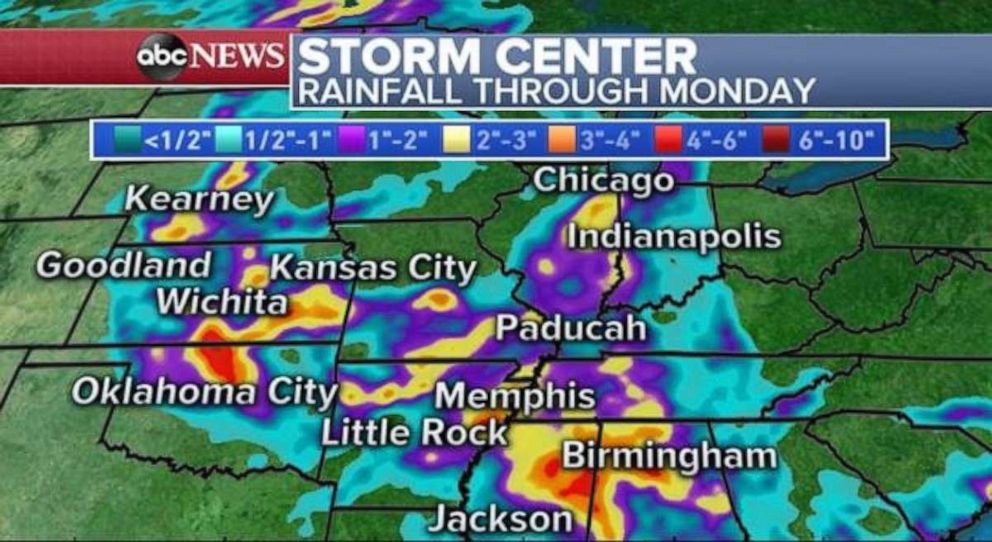 PHOTO: Rainfall in Oklahoma, Kansas and northern Alabama and Mississippi could reach over 2 inches through Monday.