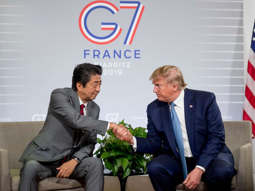 PHOTO:Japanese Prime Minister Shinzo Abe and President Donald Trump shake hands during a news conference at the G-7 summit in Biarritz, France, Aug. 25, 2019.