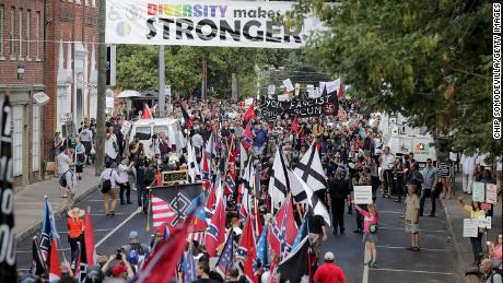 White nationalists and neo-Nazis march in  Charlottesville, Virginia, in August 2017. 