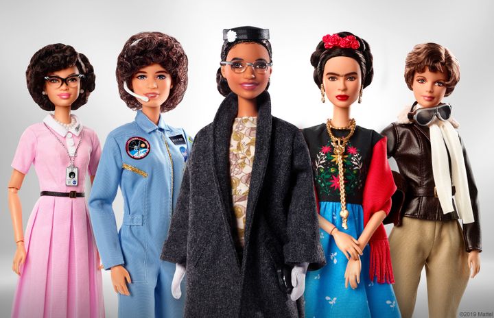 Barbie's Inspiring Women series, which includes (from left to right) Katherine Johnson, Sally Ride, Rosa Parks, Frida Kahlo a
