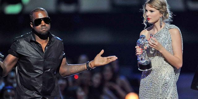 Kanye West interrupts Taylor Swift at the 2009 MTV Video Music Awards. Swift held a grudge against the rapper for a decade and counting since the incident.