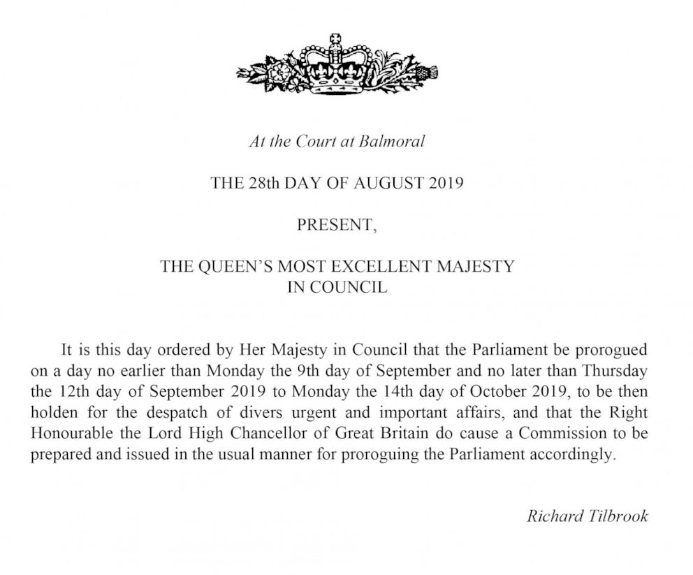 PHOTO: This handout image provided by the Privy Council shows a notification that the Queen has approved a request to suspend Parliament, on Wednesday, Aug. 28, 2019.