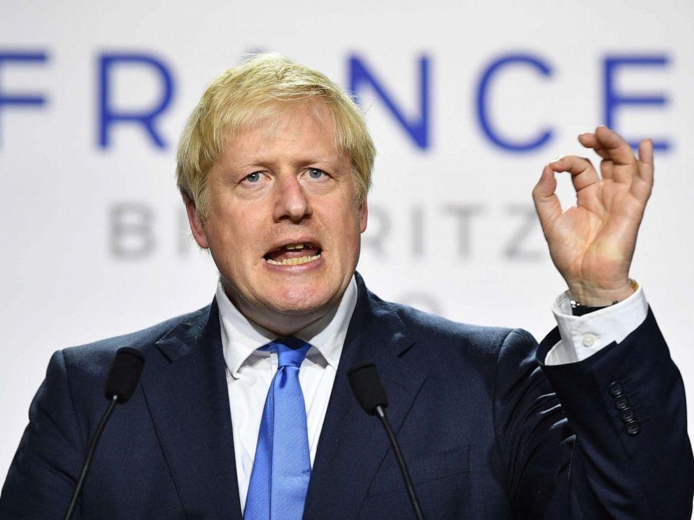 PHOTO: UK Prime Minister Boris Johnson during a press conference in the Bellevue hotel conference room at the conclusion of the G-7 summit on Aug. 24, 2019, in Biarritz, France.