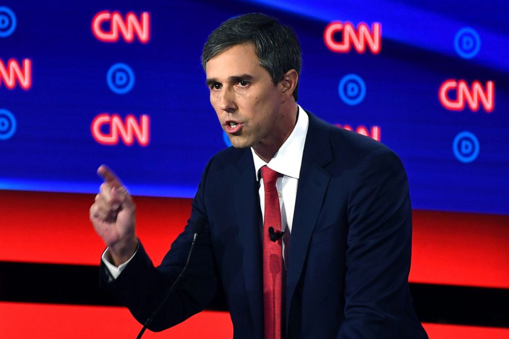 PHOTO: Democratic presidential hopeful former Rep. Beto ORourke delivers his closing statement during the first round of the second Democratic primary debate in Detroit, July 30, 2019.