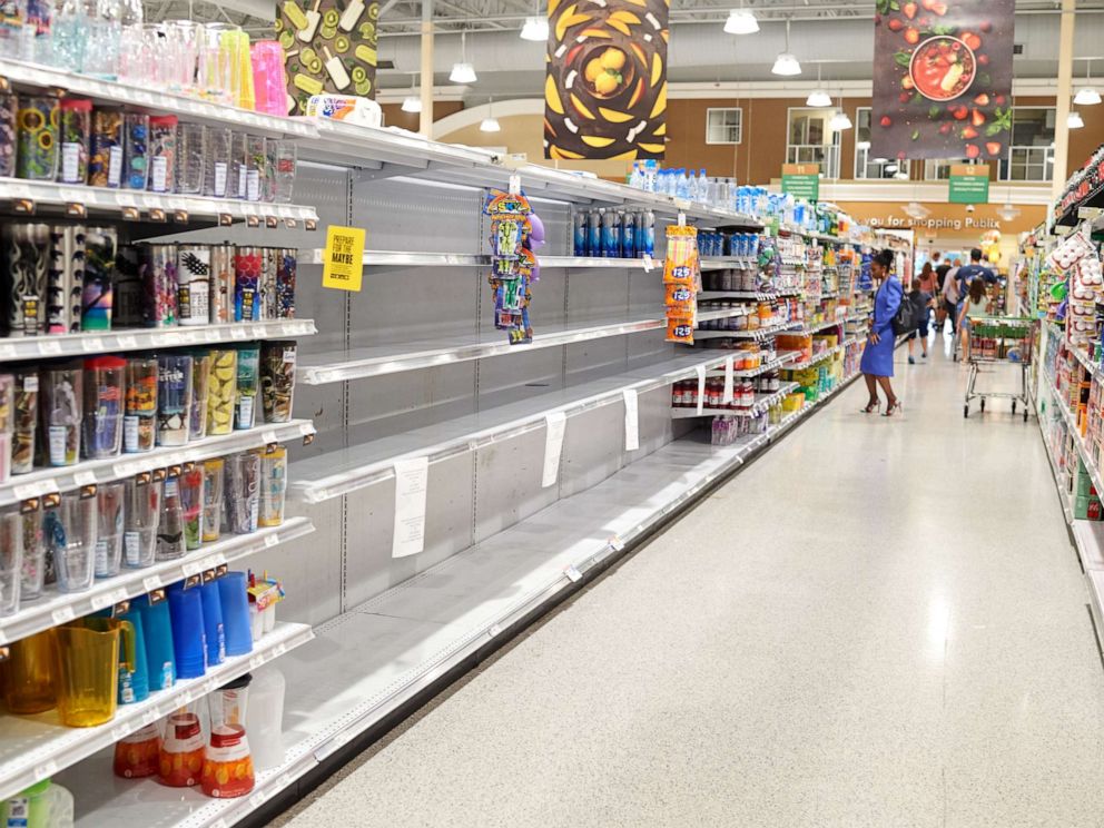 PHOTO: Empty shelves are seen in a drinks section of a store ahead of Hurricane Dorian in Cocoa Beach, Florida, U.S., on Thursday, Aug. 29, 2019.