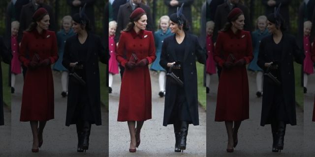 Britain's Kate, Duchess of Cambridge, left, and Meghan Duchess of Sussex, right, arrive to attend the Christmas day service at St Mary Magdalene Church in Sandringham in Norfolk, England, Tuesday, Dec. 25, 2018.
