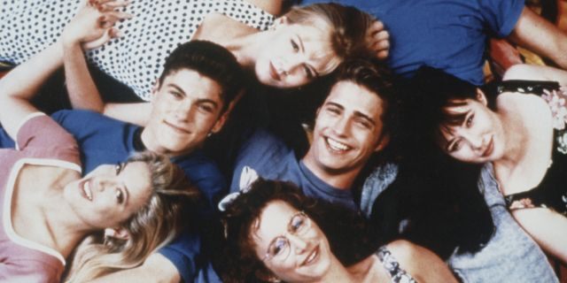 The cast of 'Beverly Hills, 90210' are pictured here: Tori Spelling, Brian Austin Green, Ian Ziering, Jennie Garth, Jason Priestley, Gabrielle Carteris, the late Luke Perry and Shannen Doherty,