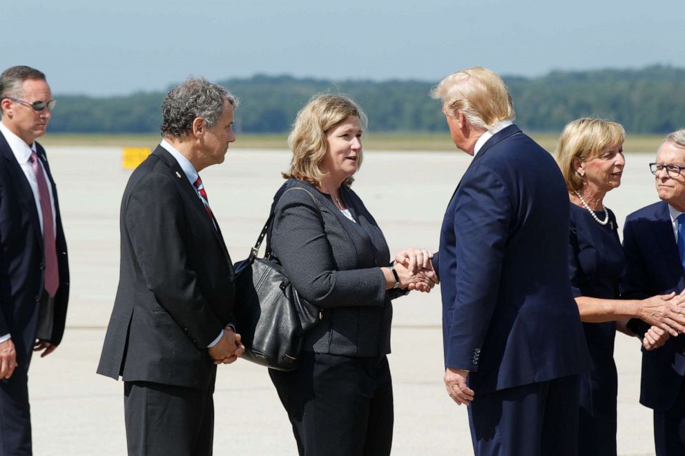 PHOTO: President Donald Trump greets Dayton Mayor Nan Whaley at Wright Patterson Air Force Base, Wednesday, Aug. 7, 2019, in Dayton, Ohio.