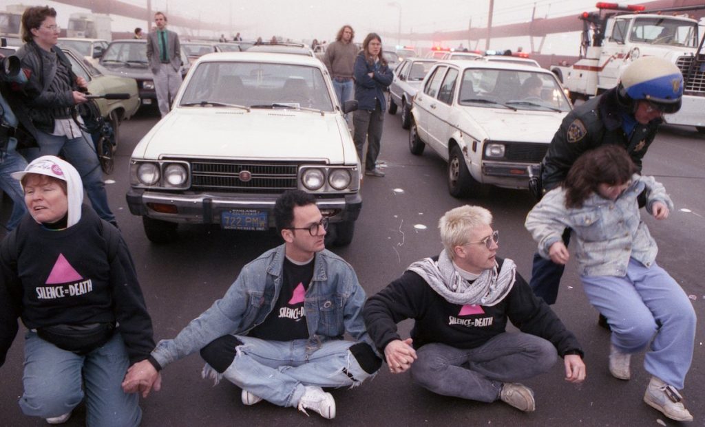 Rick Gerharter, 'Photograph of Stop AIDS Now or Else (SANOE) activists blocking the Golden Gate Bridge,' 1989