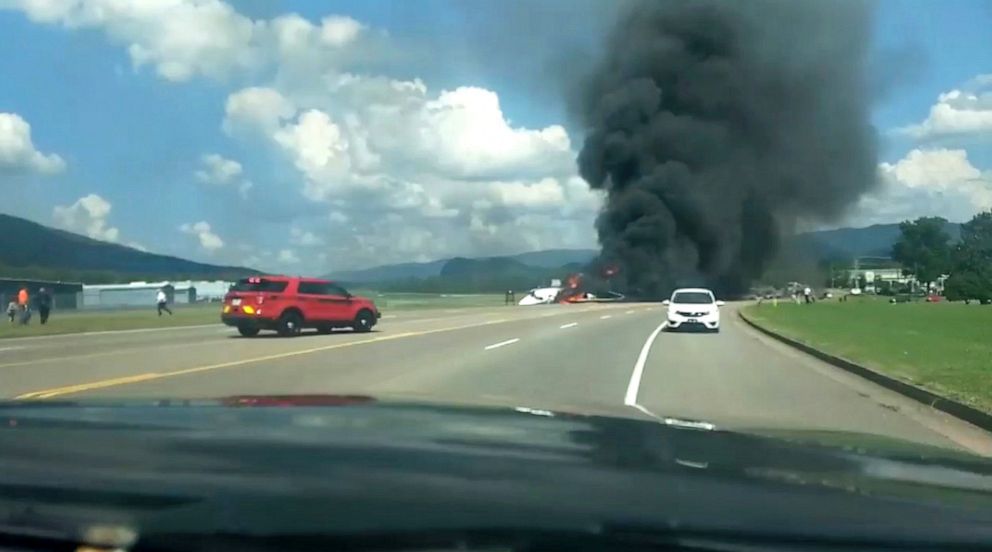 PHOTO: Emergency vehicles arrive at Elizabethton Municipal Airport, Tenn., Aug. 15, 2019, after a plane carrying retired NASCAR driver Dale Earnhardt Jr., his wife and daughter, rolled off the end of a runway at the airport and caught fire.