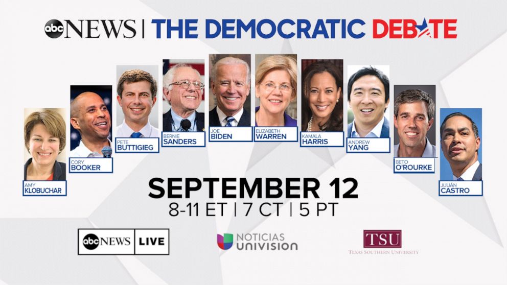 PHOTO: The final lineup for the third Democratic debate is set for a single night in Houston, Sept. 12, 2019.