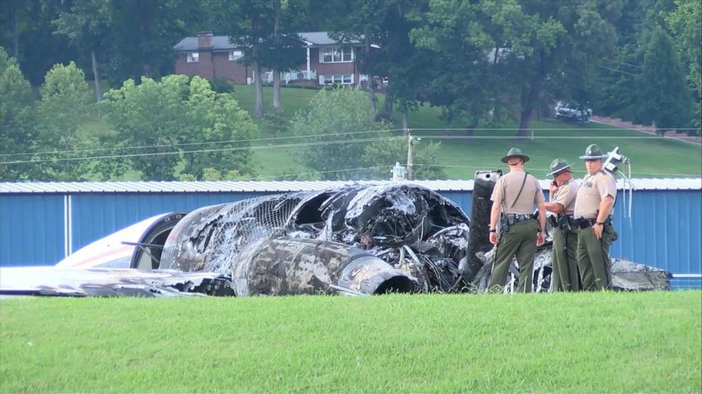 PHOTO: First responders on the scene after Dale Earnhart Jr.s plane crashed in Tennessee, August 15, 2019.