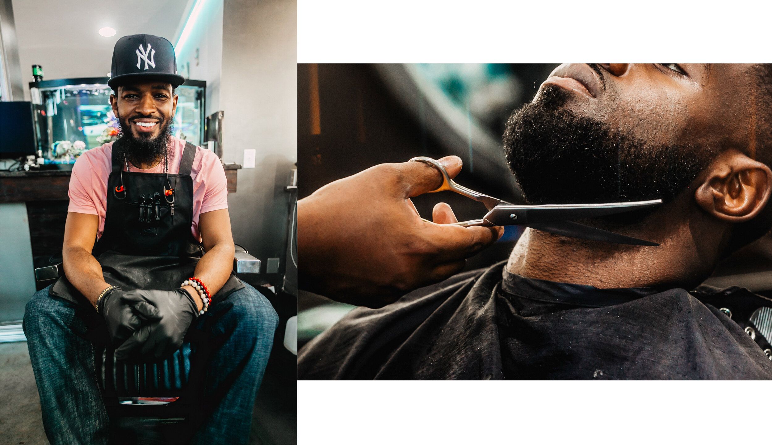 Left:&nbsp;Stephan &ldquo;Step the Barber&rdquo; Swearingen poses for a photo at Plush Midtown. Right: Oladi Falade, a regula
