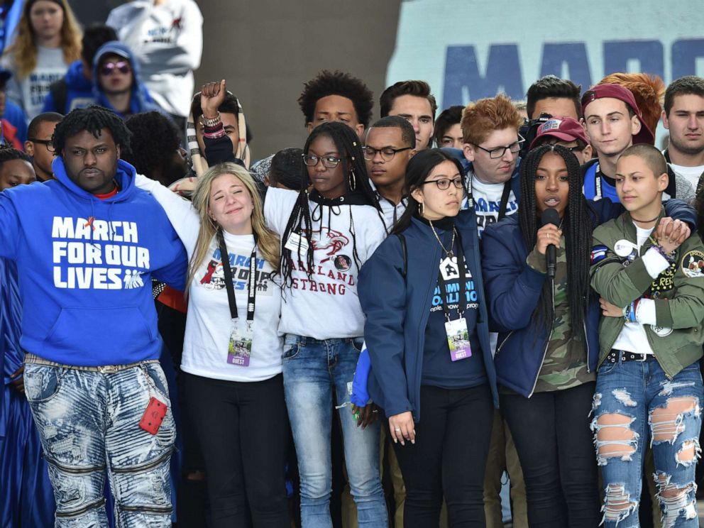 PHOTO: Marjory Stoneman Douglas High School students along with other students gather on stage during the March for Our Lives Rally in Washington, D.C., March 24, 2018.