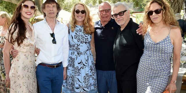 From l-r: Elizabeth Jagger, Mick Jagger, Jerry Murdoch, Executive Chairman News Corp. &amp; Co-Chairman Fox Corporation Rupert Murdoch, Harvey Keitel, and Daphne Kastner attend a BBQ lunch in the vineyard “Celebrating Thirty Years of Moraga Bel Air” hosted by Jerry and Rupert Murdoch on Aug. 25, 2019 in Bel Air, California.