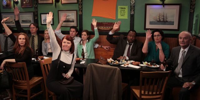 Pictured from left: Catherine Tate as Nellie Bertram, Rainn Wilson as Dwight Schrute, Angela Kinsey as Angela Martin, Kate Flannery as Meredith Palmer, John Krasinski as Jim Halpert, Jenna Fischer as Pam Beesly Halpert, Leslie David Baker as Stanley Hudson, Phyllis Smith as Phyllis Vance, Creed Bratton as Creed Bratton