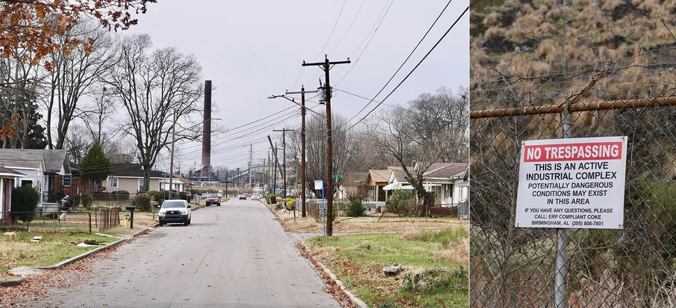 Left: In Harriman Park, residents have a clear view of industry. Right: Across from Keisha Brown's house, a sign warns people