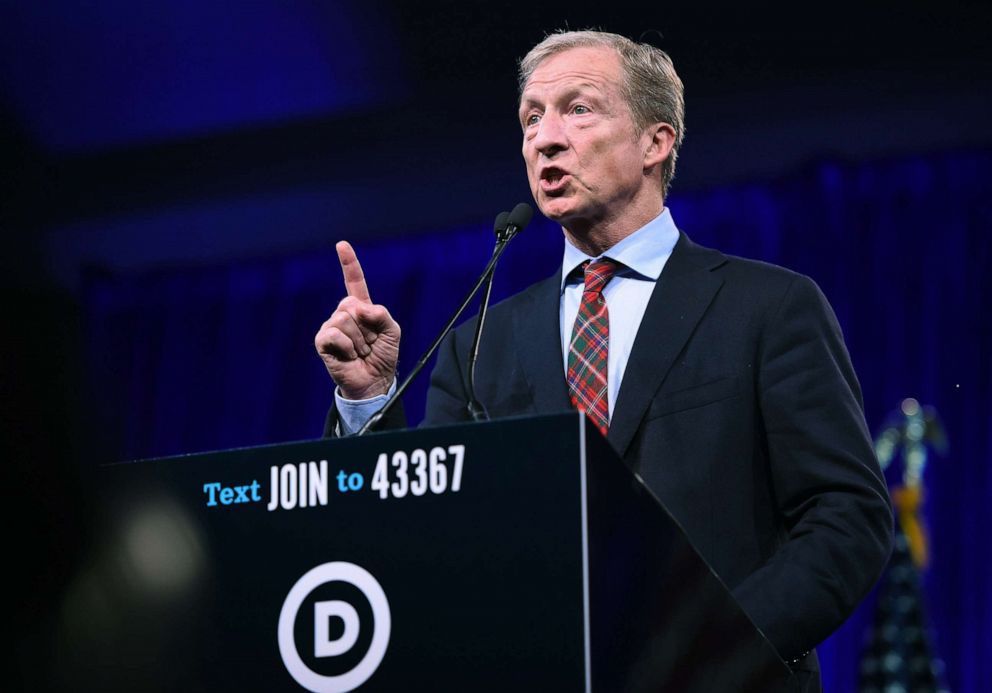 PHOTO: 2020 Democratic presidential hopeful Tom Steyer speaks during the Democratic National Committees summer meeting in San Francisco, Calif., Aug. 23, 2019.