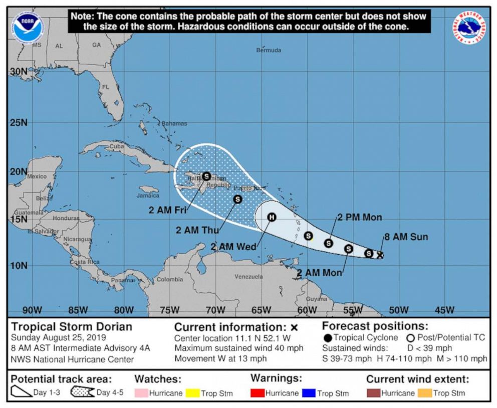 PHOTO: A graphic provided by the National Oceanic and Atmospheric Administration shows the forecast for Tropical Storm Dorian, Aug. 24, 2019.