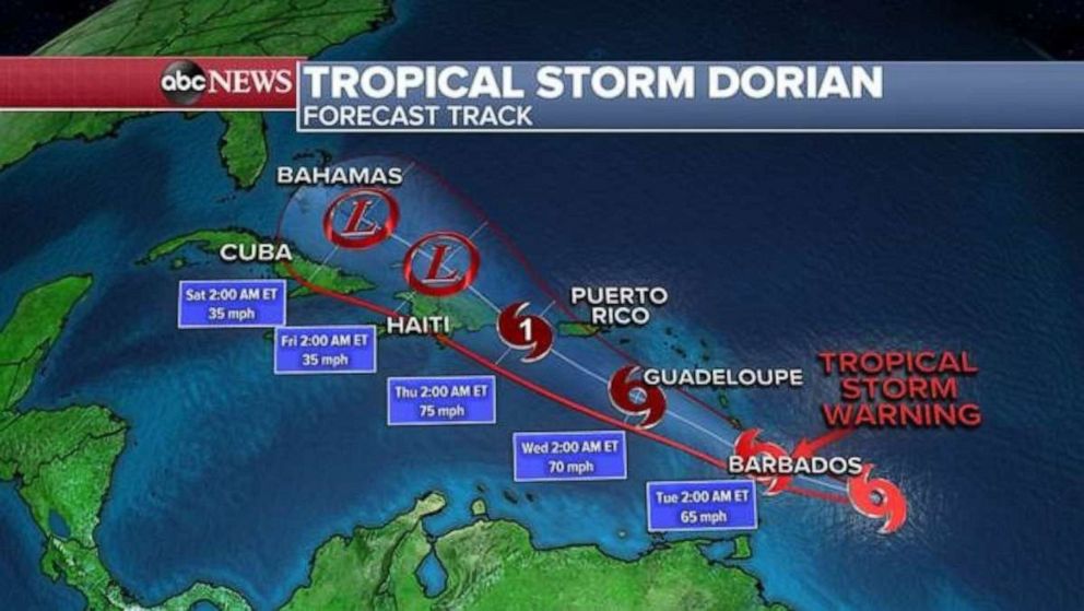 PHOTO: Tropical Storm Dorian is expected to develop into a hurricane some time this week.